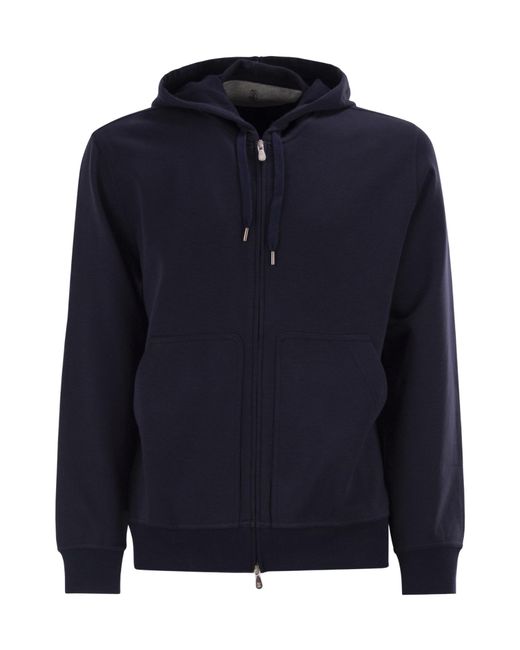 Brunello Cucinelli Gray Cotton Fleece Topwear With Zip And Hood for men