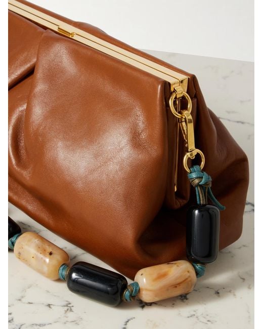 Dries Van Noten Brown Pleated Beaded Leather Clutch Bag