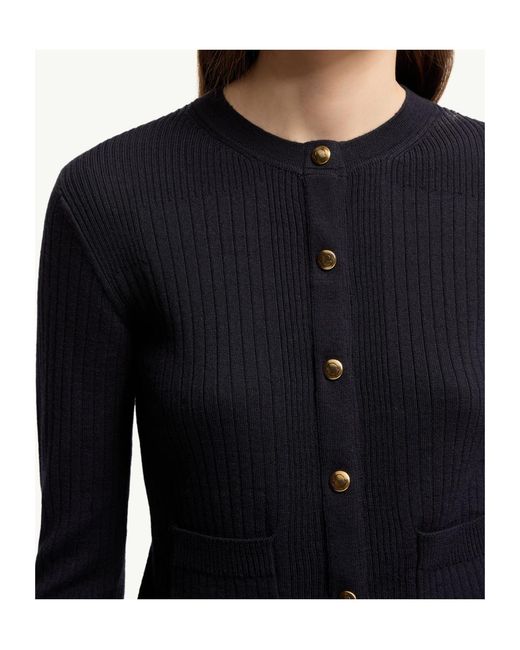Moncler Blue Leather Logo Wool Blend Cardigan