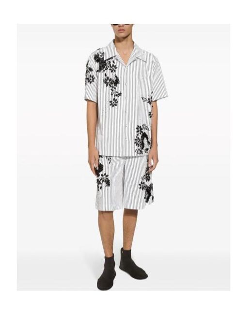 Dolce & Gabbana White Striped Poplin Hawaiian Shirt With Embroidery for men