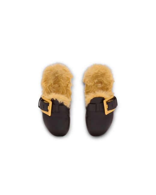 Balmain Black Flat Leather And Faux Fur Mules