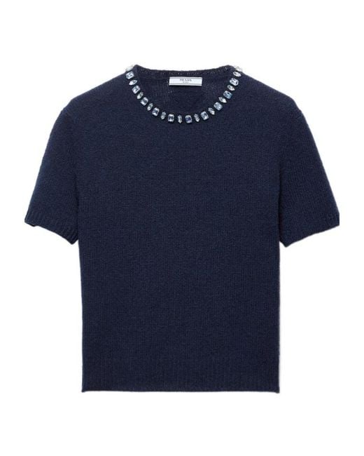 Prada Blue Embellished Short-Sleeved Jumper