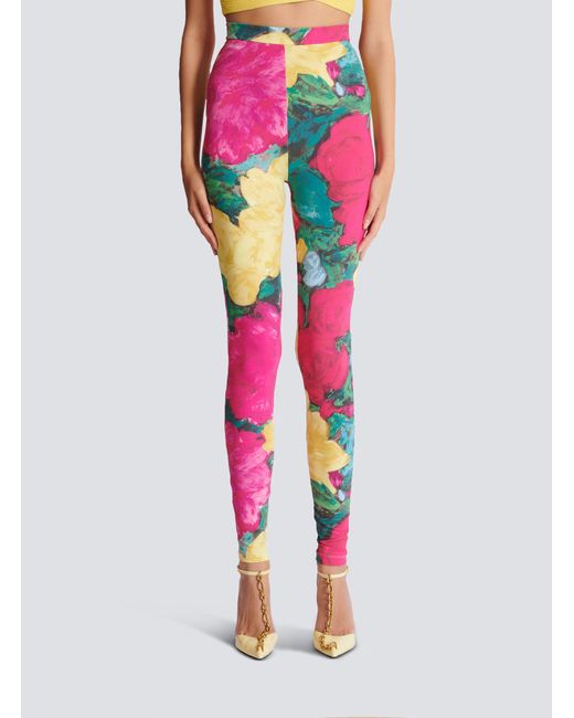 Balmain Pink Jersey Leggings With Roses Print