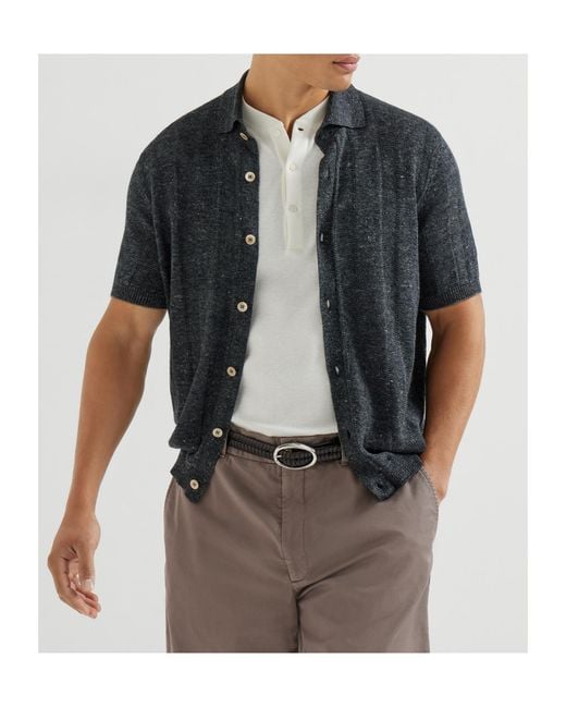 Brunello Cucinelli Black Linen And Cotton Textured Rib Short Sleeve Knit Shirt for men