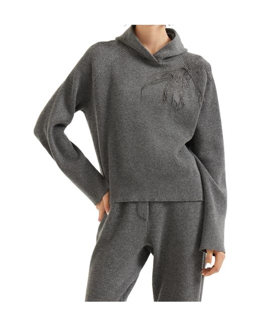 Brunello Cucinelli Gray Shiny Flower Embroidered Sweater