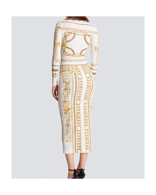 Balmain White Long Printed Bodycon Dress With Foulard Pattern
