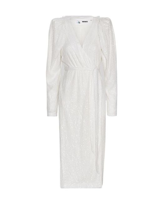 ROTATE BIRGER CHRISTENSEN White V-Neck Sequined Midi Wrap Dress