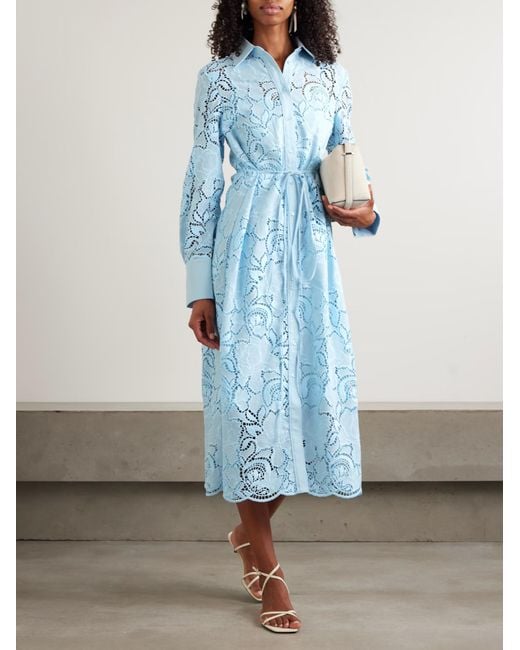 Erdem Blue Tie-Waist Madeira Embroidered Shirt Dress