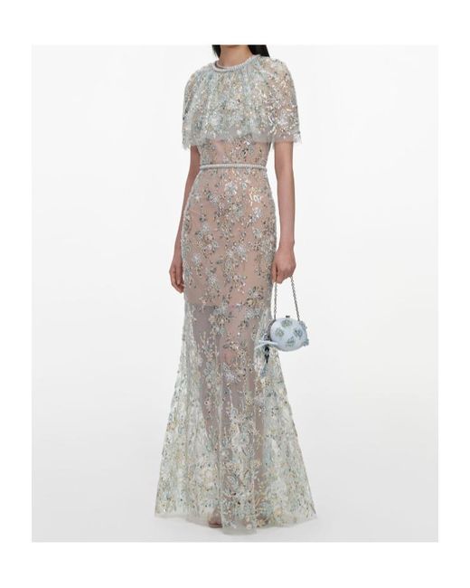 Self-Portrait Gray Sequin-Embellished Cape-Sleeve Maxi Dress