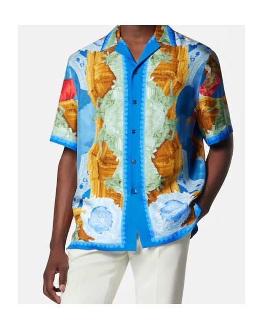 Versace Blue Pattern-Printed Short-Sleeved Shirt for men
