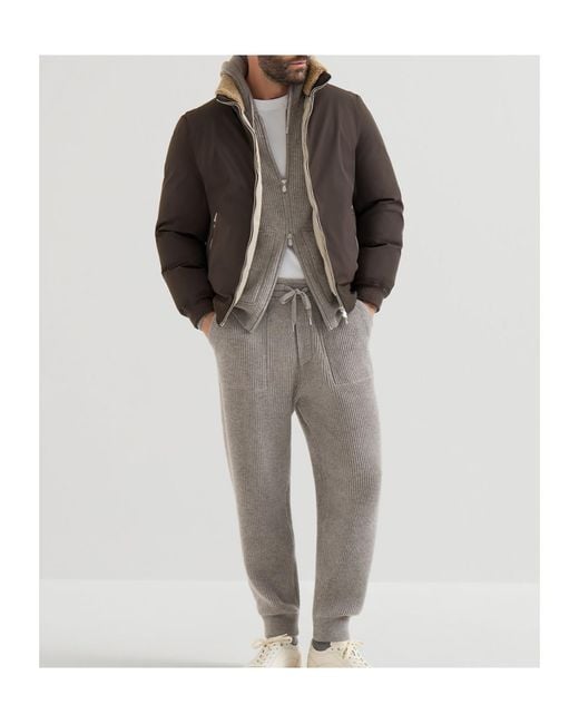 Brunello Cucinelli Gray Cashmere English Rib Hooded Knit Sweatshirt With Logo And Zipper for men