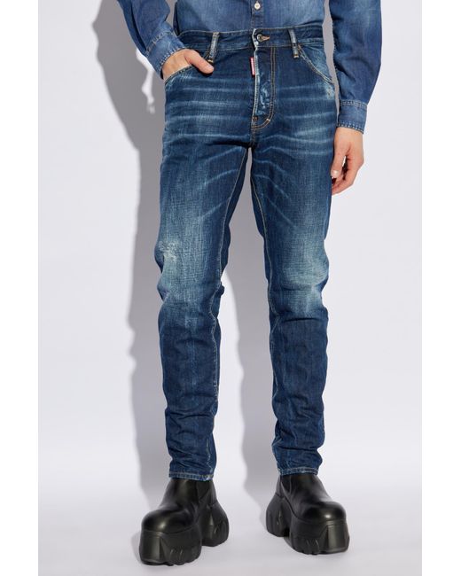 DSquared² Blue Whiskering-Effect Distressed Jeans for men