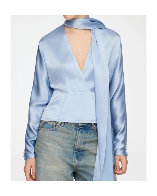 Ganni Blue Scarf Detail Kimono Sleeve Top