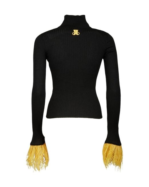 LaDoubleJ Black Feather-Cuff Ribbed-Knit Jumper