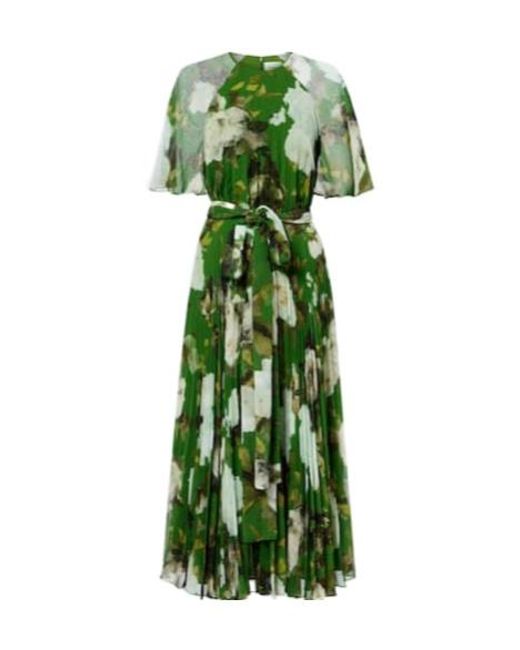 Erdem Green Floral Pleated Midi Dress
