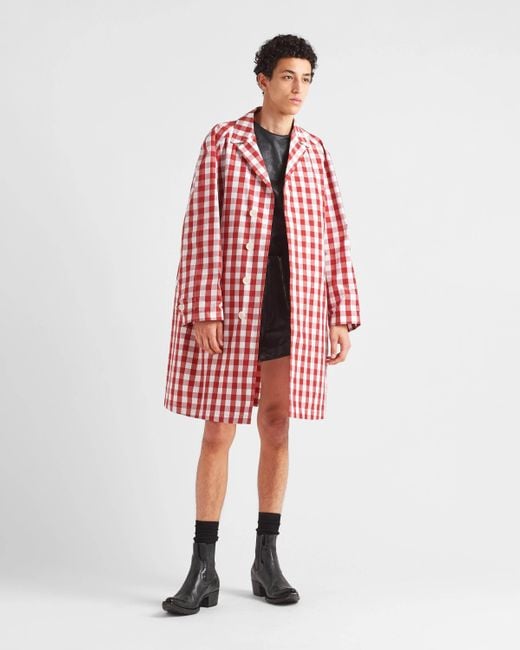 Prada Check-Printed Belted Coat in Red for Men | Lyst