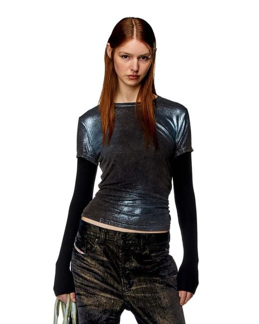 DIESEL Blue T-Miwa Layered Faded Metallic Top