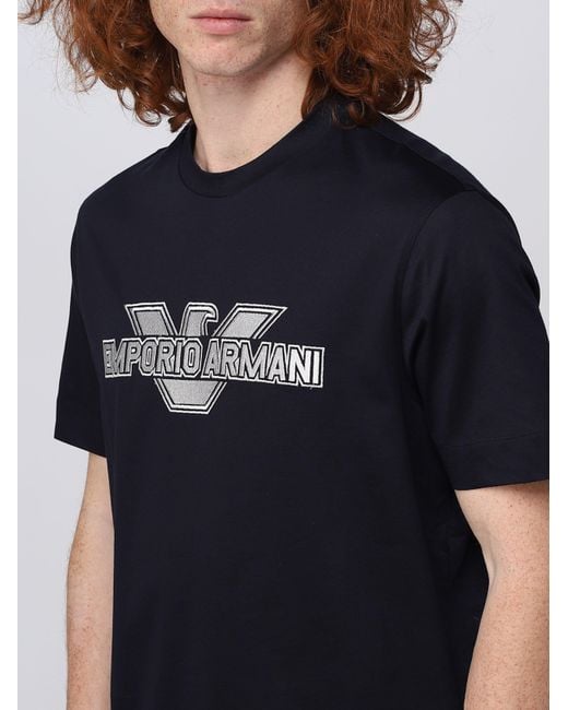 Emporio Armani Blue Embroidered-Logo Cotton T-Shirt for men