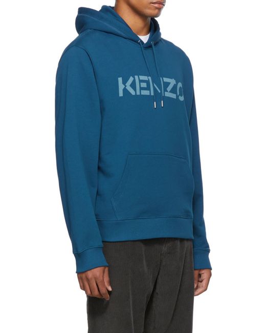 KENZO Blue Logo-Print Cotton Hoodie for men
