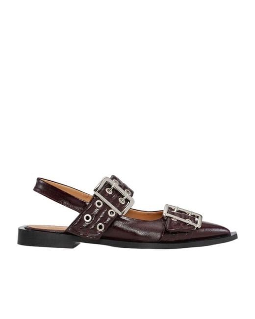 Ganni Brown Buckled Slingback Ballerina Shoes