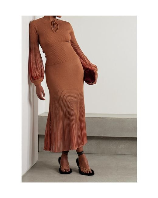 Ulla Johnson Brown Emilia Tulle-Trimmed Ribbed-Knit Midi Skirt