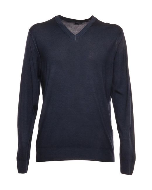 Fedeli Blue Long-Sleeved V-Neck Knitted Sweater