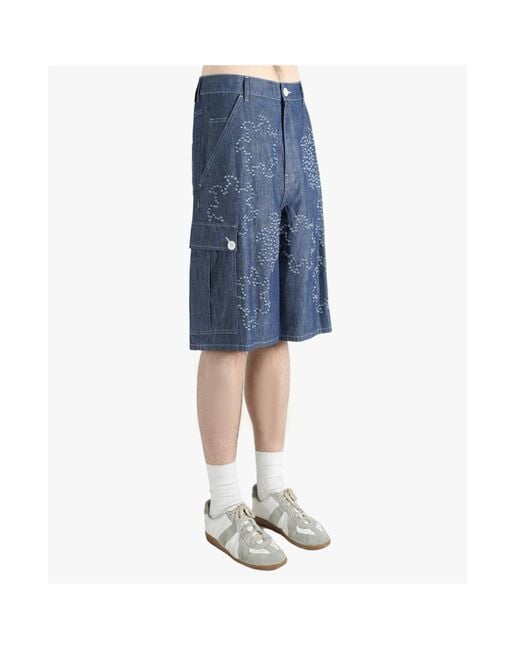 Marni Blue Embroidered Wide Leg Denim Shorts for men