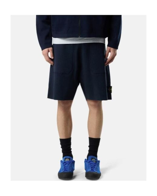 Stone Island Blue Logo Patch Knit Jogger Shorts for men