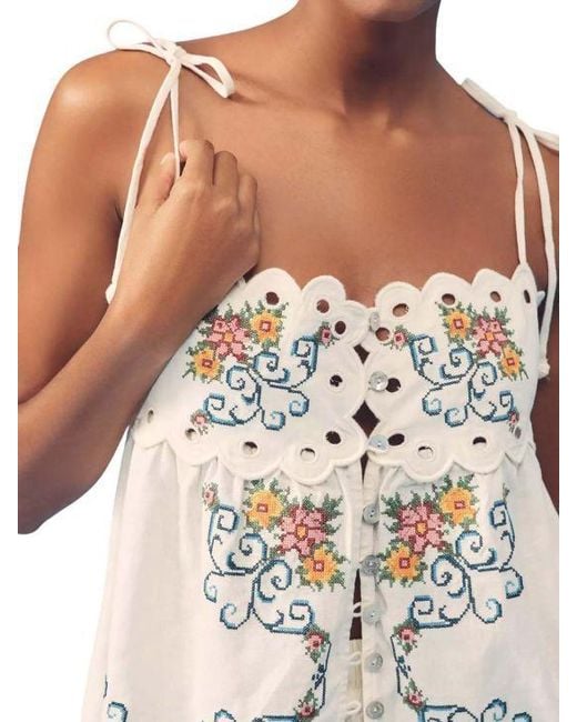Farm Rio White Floral-Embroidered Scalloped Top