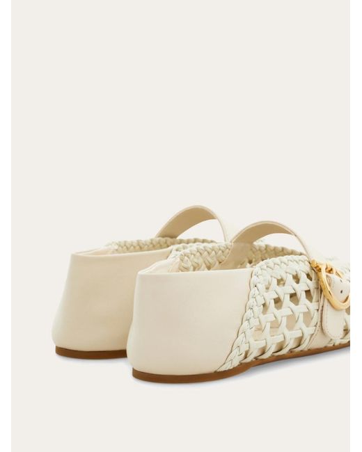 Ferragamo White Gancini Buckle Ballet Flat