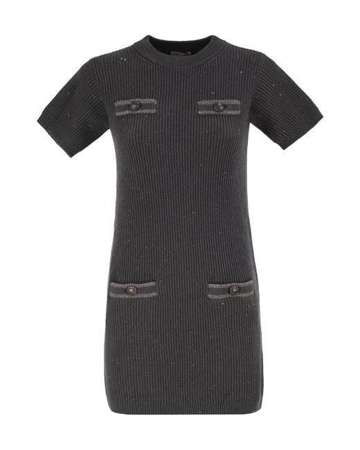 Brunello Cucinelli Black Round Neck Short Sleeve Dress