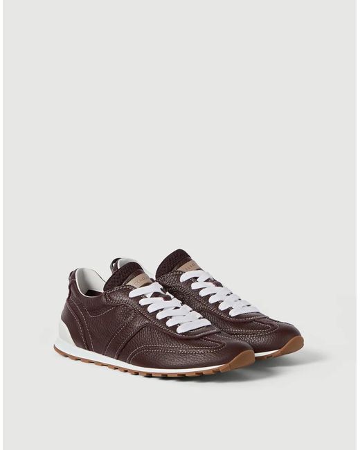 Brunello Cucinelli Brown Grained Soft Leather Runners With Shiny Loops