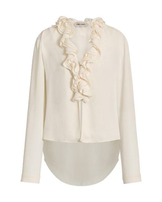 Alberta Ferretti White Fluid Blouse With Sculptural Ruffled Collar