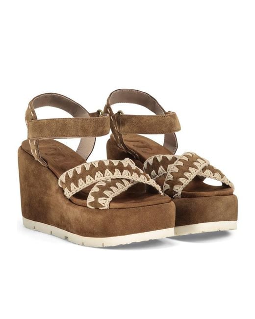 Mou Brown Criss Cross Stitched Wedge Sandals