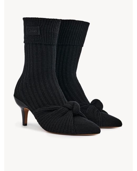 Chloé Black Chloé Ribbed Sock-Knotted Boots