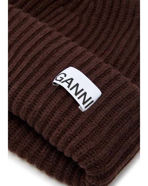 Ganni Brown Logo-Appliquéd Ribbed Wool-Blend Beanie