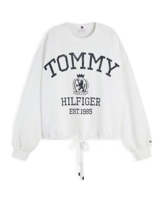 Tommy Hilfiger White Crest Logo-Print Drawstring-Hem Sweater
