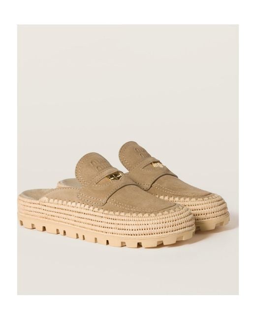 Miu Miu Natural Logo-Embossed Slip-On Mules