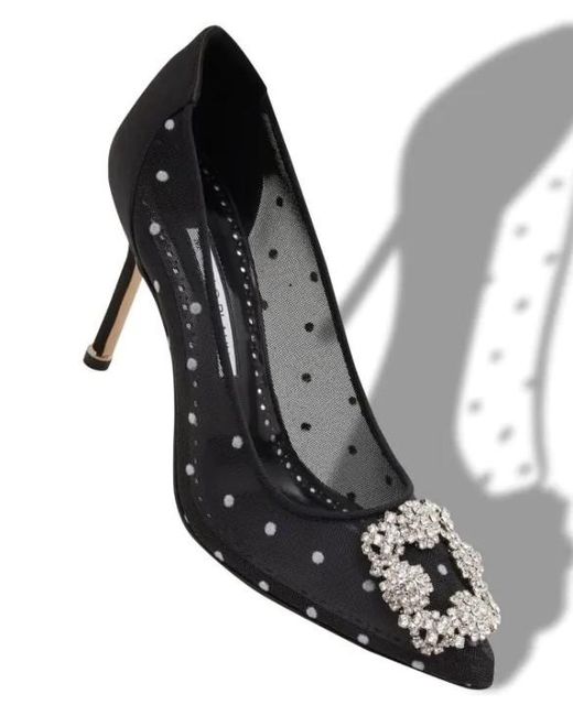 Manolo Blahnik Black Hangisi Satin Pois Pump