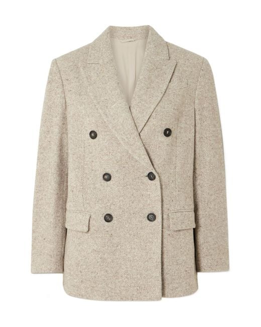 Brunello Cucinelli Natural Double-Breasted Wool And Silk-Blend Tweed Blazer