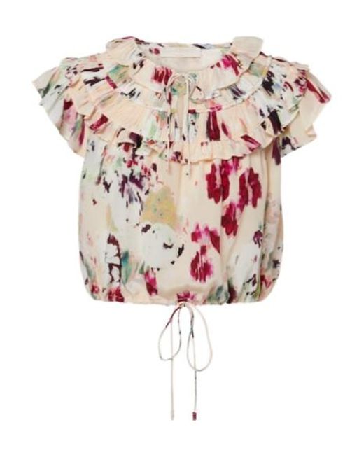 Ulla Johnson White Eleonore Floral Ruffled Silk Crop Top
