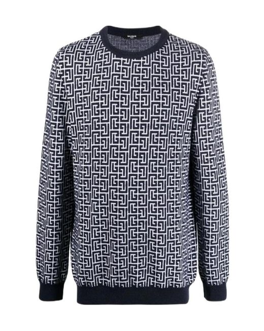 Balmain Blue Motif-Print Long-Sleeve Jumper for men