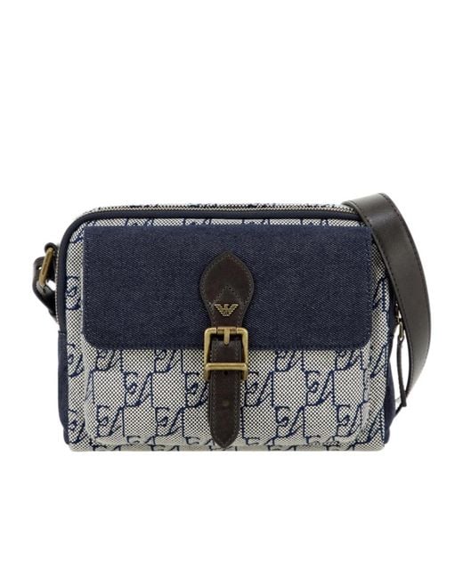 Emporio Armani Blue Monogram Flap Shoulder Bag for men