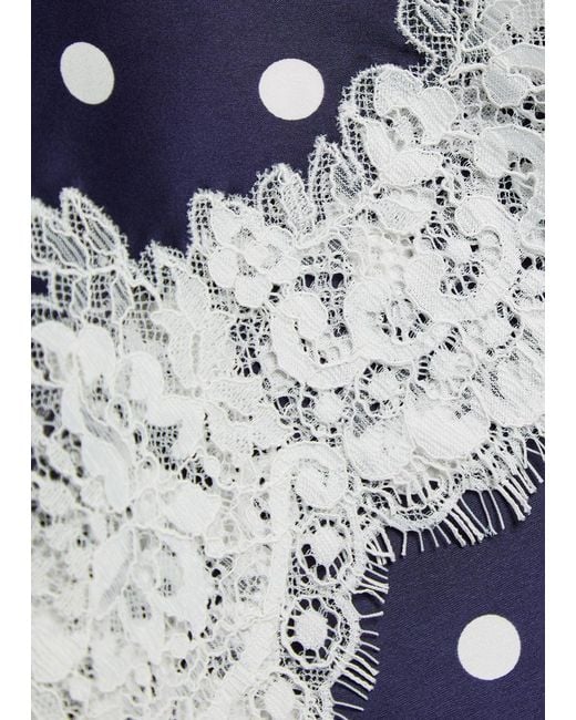 Self-Portrait Blue Polka Dot Lace-Trim Satin Midi Skirt