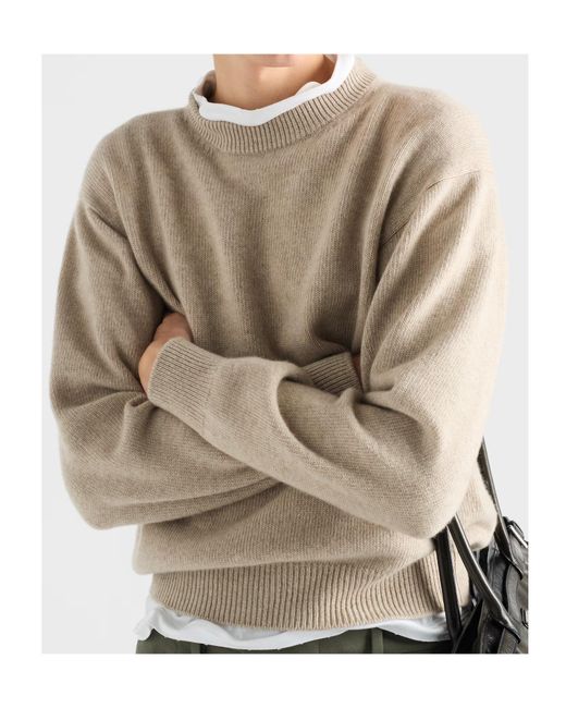 Prada Natural Triangle-Logo Ribbed Sweater for men