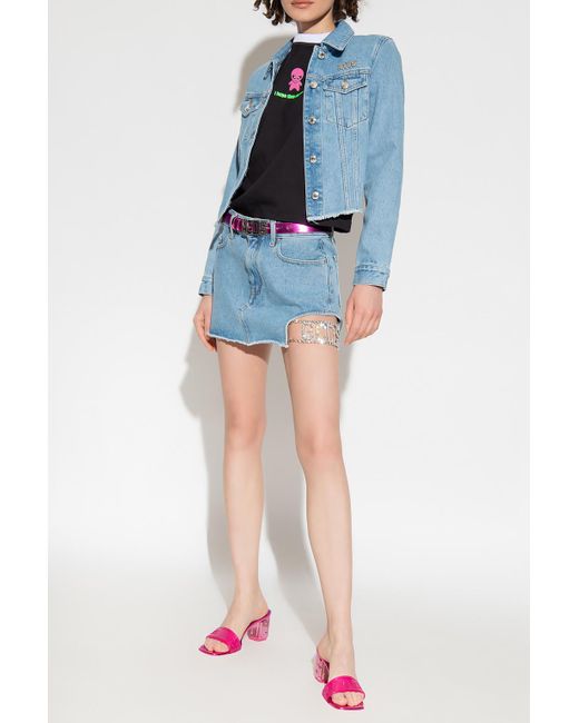 Gcds Blue Logo Embellished Cut-Out Denim Skirt