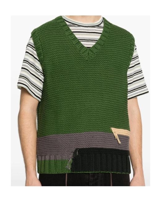 YMC Green V-Neck Colour-Block Vest for men