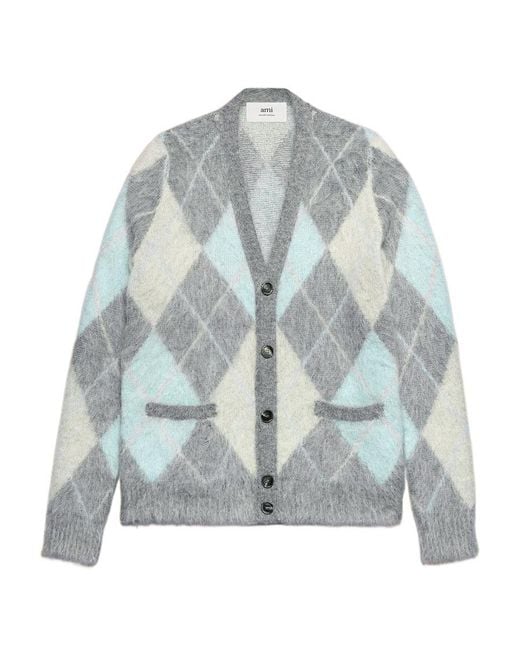 AMI Blue Ami Argyle Button-Up Long-Sleeved Cardigan for men