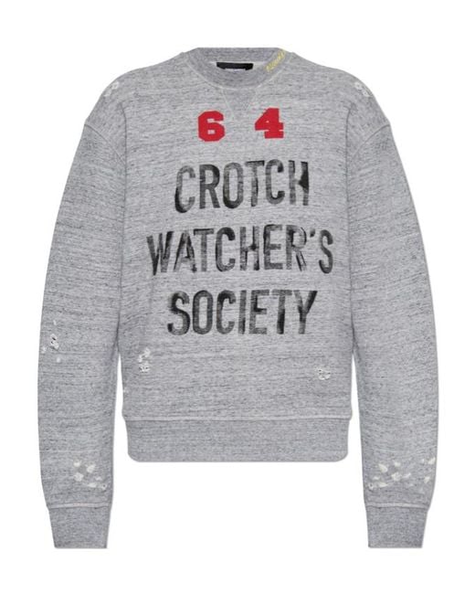 DSquared² Gray Slogan Printed Crewneck Distressed Sweatshirt