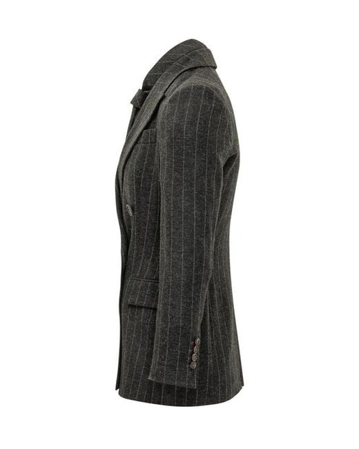 Brunello Cucinelli Black Double-Breasted Pinstripe Blazer